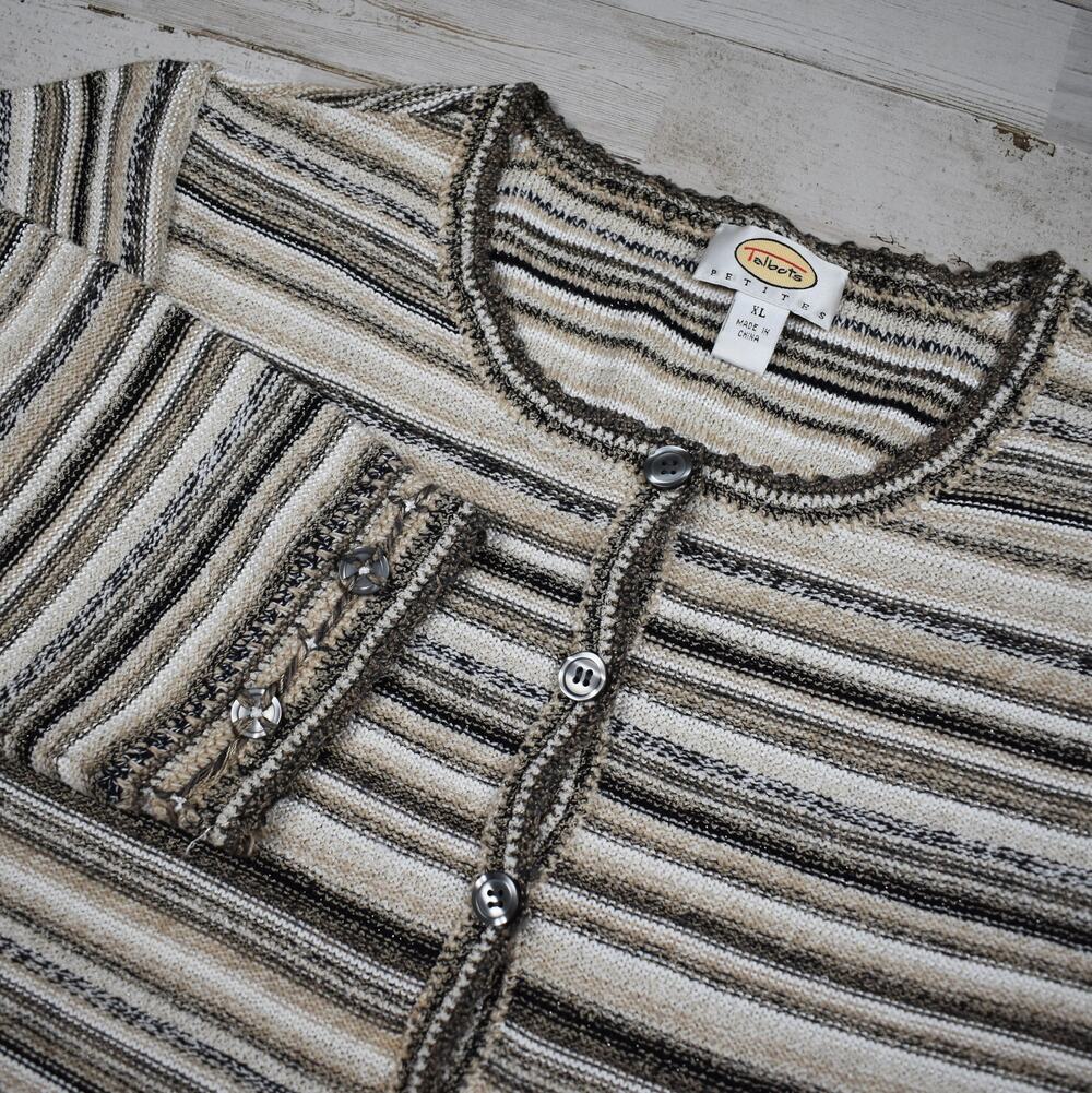 Talbots Vintage Cardigan Sweater Womens XLP Petite Brown Striped Button Up Boho